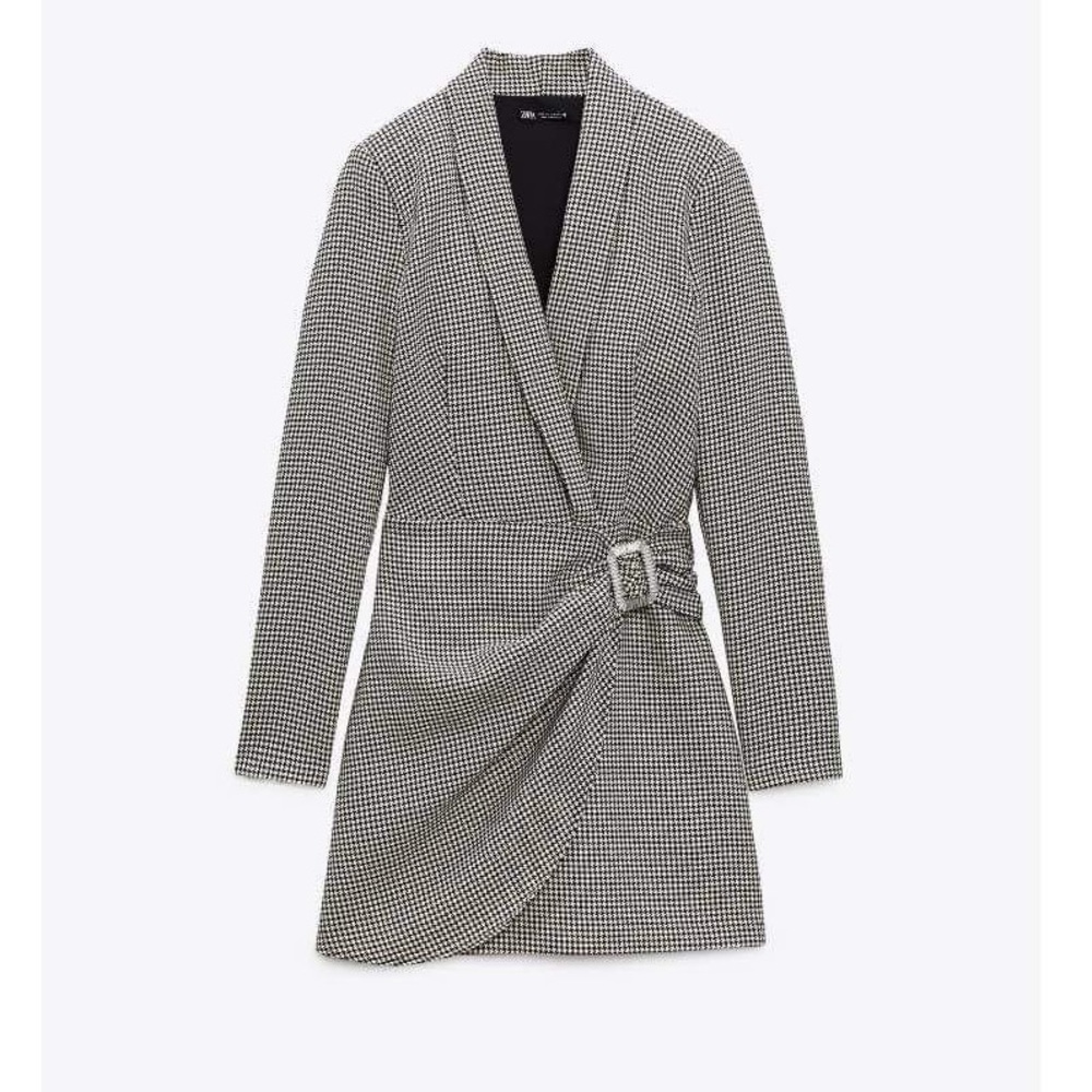 NWT Zara Woman Houndstooth Blazer Style Dress Black & White Size S Small